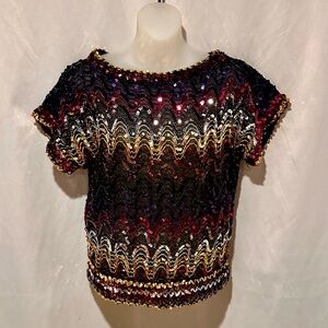 Vintage 70s Multi Color Sequin Zigzag Pattern Holiday Disco Club Top
